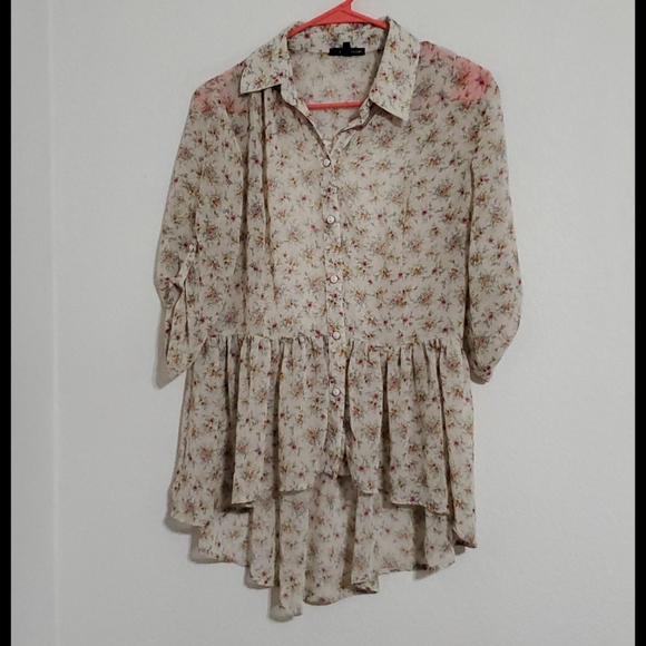 LOVE HAIGHT  hi lo lace insert Ruffl Bottom Floral Print Top Lrg. - Picture 7 of 8